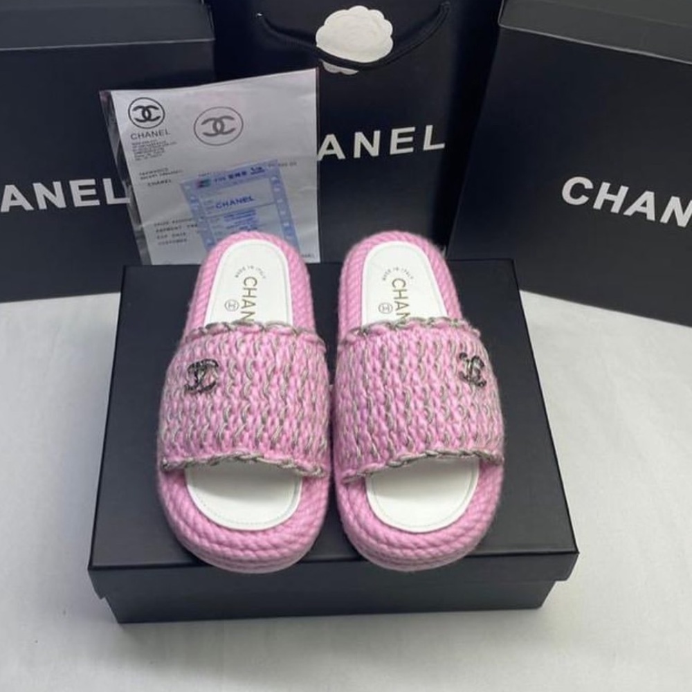CHANEL Pink Woven Slides